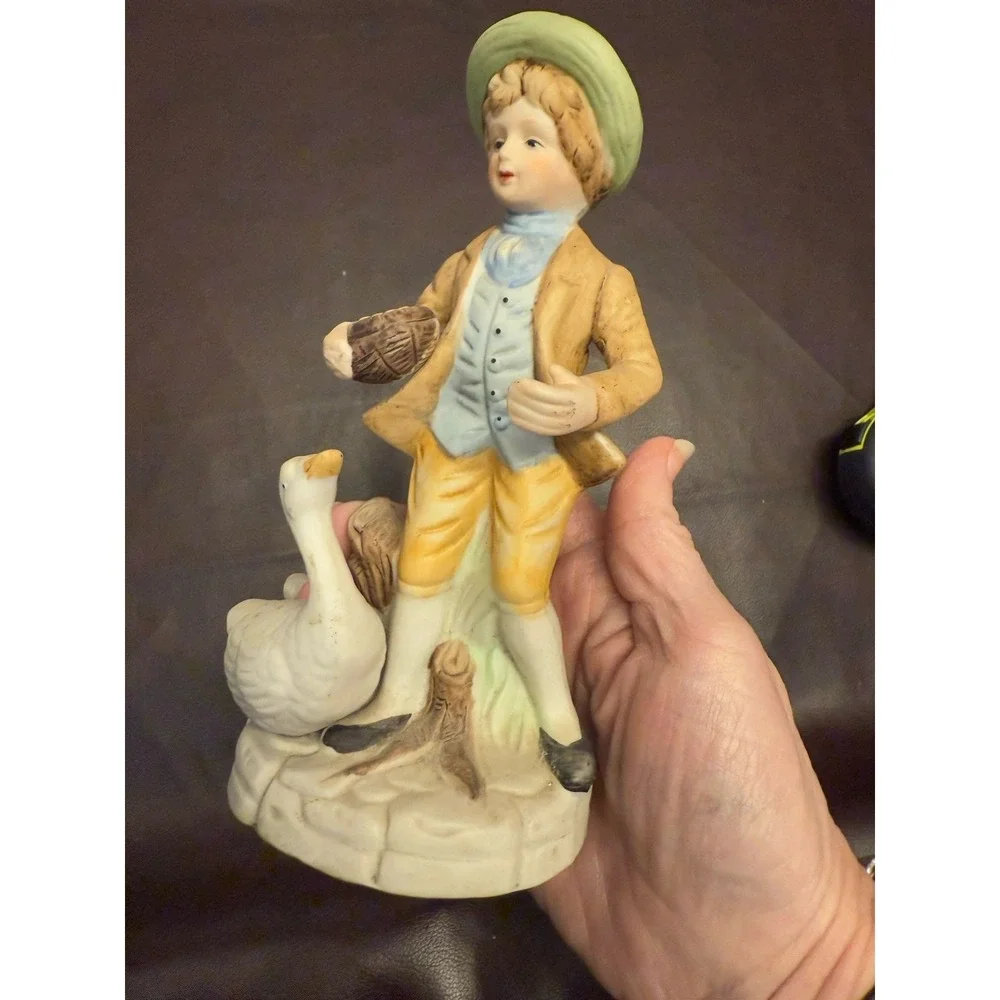 Vintage Porcelain Figurine Boy Feeding Duck with basket Collectible Hand Painted